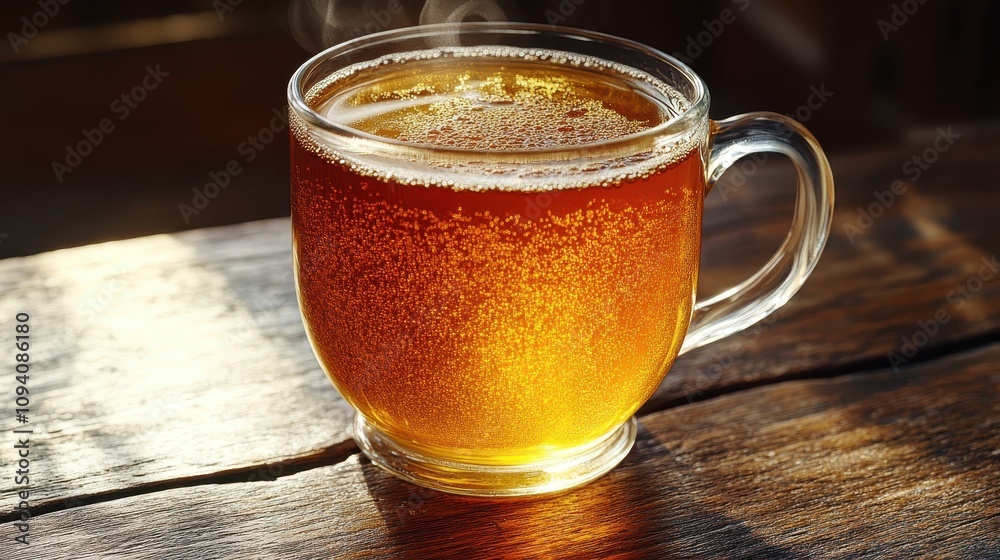 Warm Autumnal Sparkling Beverage in Glass Mug on Rustic Wood Warm Autumnal Sparkling Beverage in Glass Mug on Rustic Wood
