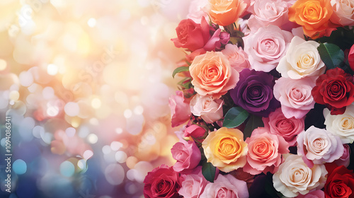 A vibrant bouquet of roses in various colors, set against a soft, dreamy background filled with bokeh lights