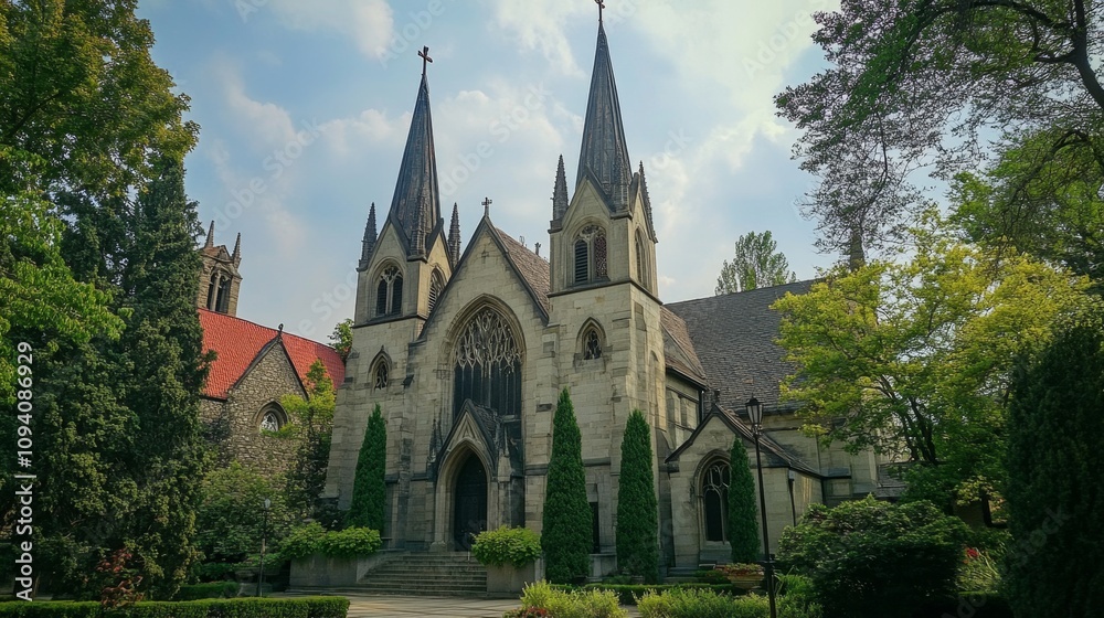 Majestic Gothic Church in Lush Garden Setting Majestic Gothic Church in Lush Garden Setting