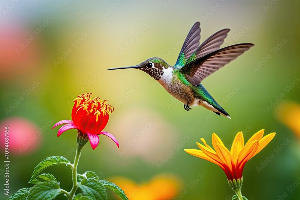 Fototapeta premium Swift Hummingbird Hovering Near a Bright Flower Symbolizing Energy and Vitality