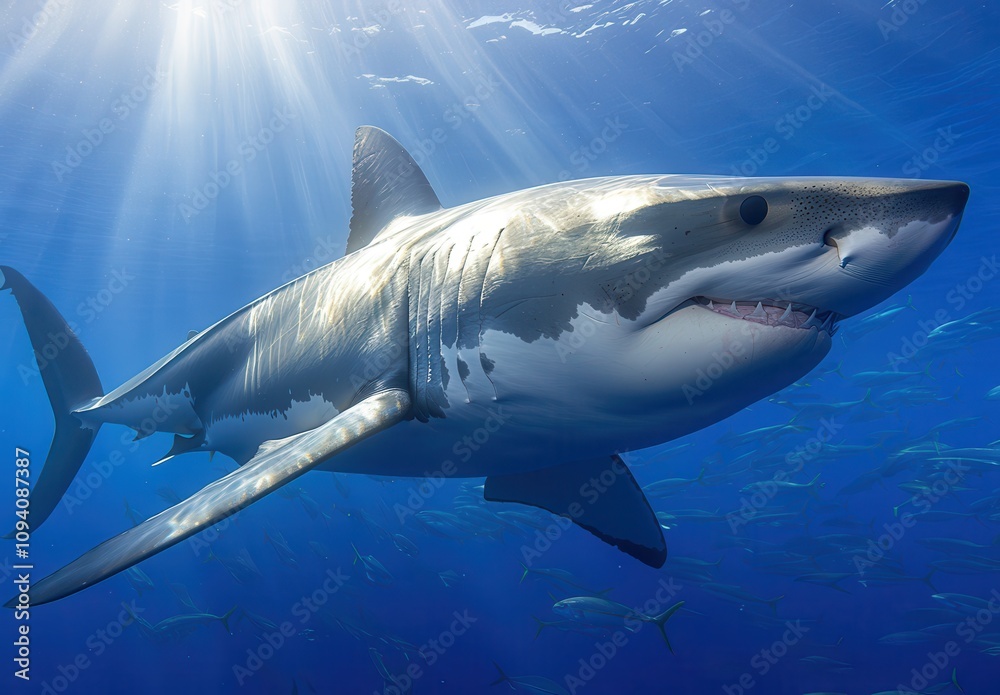 Obraz premium Majestic Great White Shark Gliding Through Crystal Clear Ocean Waters with Sunlight Enhancing Underwater Scene and Schools of Fish Surrounding
