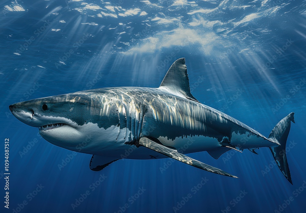 Naklejka premium Majestic Great White Shark Swimming Gracefully Beneath Clear Ocean Waters with Sunlight Rays Filtering Through the Surface, Showcasing Its Powerful Form