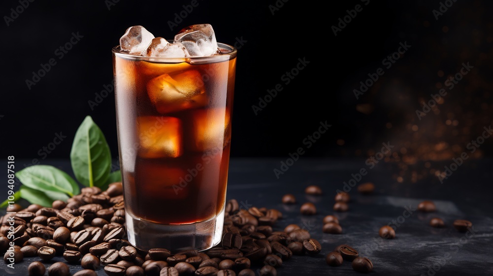 Iced Cold Brew Coffee in a Glass Surrounded by Coffee Beans on a Wooden Surface Iced Cold Brew Coffee in a Glass Surrounded by Coffee Beans on a Wooden Surface