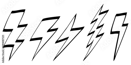 Set of Hand drawn electric lightning. Doodle thunderbolt and thunderstorm. isolated on white background. vector illustration
