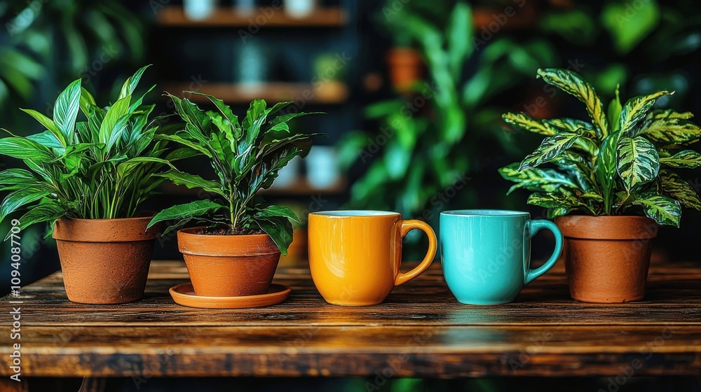 Green potted plants paired with vibrant yellow and blue mugs, arranged on a rustic wooden table, creating a cozy and natural indoor setting Green potted plants paired with vibrant yellow and blue mugs, arranged on a rustic wooden table, creating a cozy and natural indoor setting