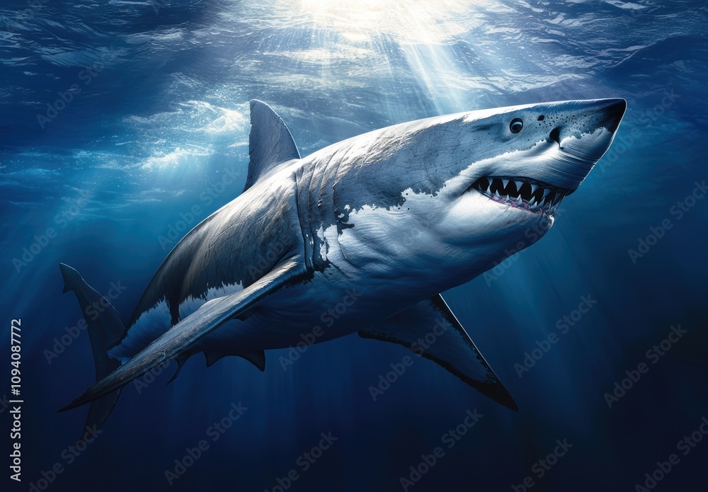 Obraz premium Majestic Great White Shark Swimming Gracefully in Clear Ocean Waters with Sunlight Streaming Through the Surface and Creating a Stunning Underwater Scene