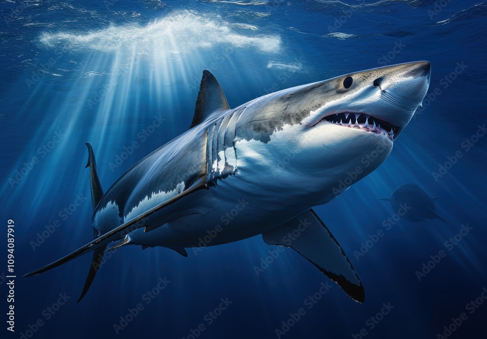 Obraz premium Majestic Great White Shark Swimming Gracefully in Crystal Clear Ocean Waters Illuminated by Sunlight Rays Beneath the Surface