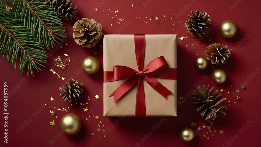 Christmas Gift with Ornaments and Pine Branches Christmas Gift with Ornaments and Pine Branches