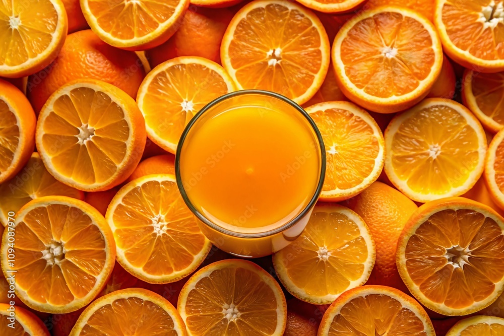 Vibrant Close-Up of Fresh Orange Slices and Juice on a Wooden Table, Perfect for Kitchen Decor and Healthy Lifestyle Inspiration