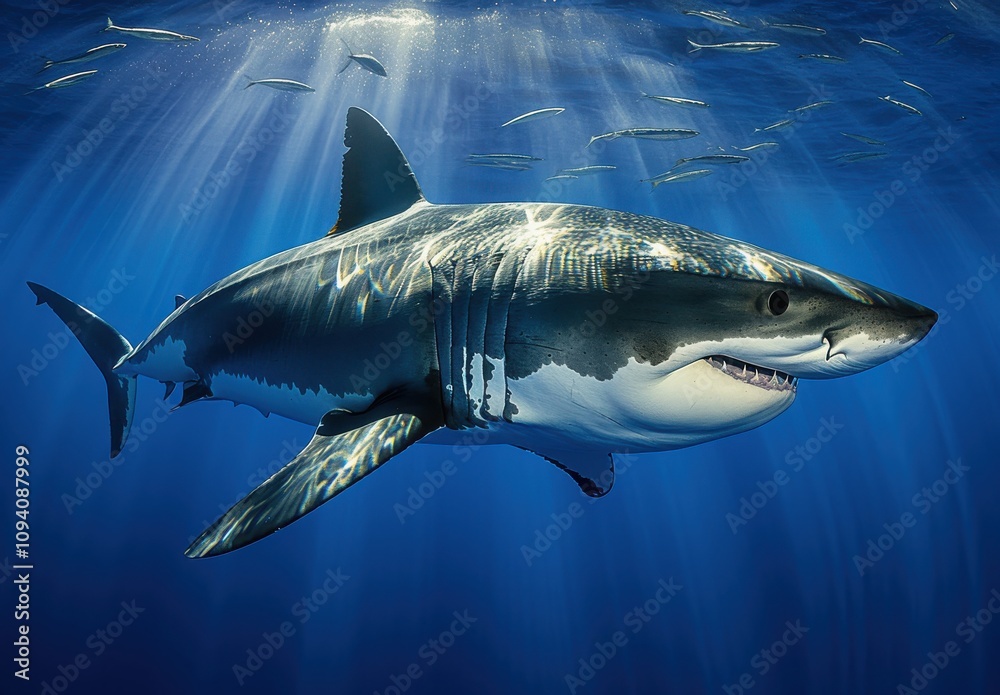 Fototapeta premium Majestic Great White Shark Swimming Gracefully in Crystal Clear Ocean Waters with Sunlight Streaming Through the Surface, Surrounded by Schools of Small Fish