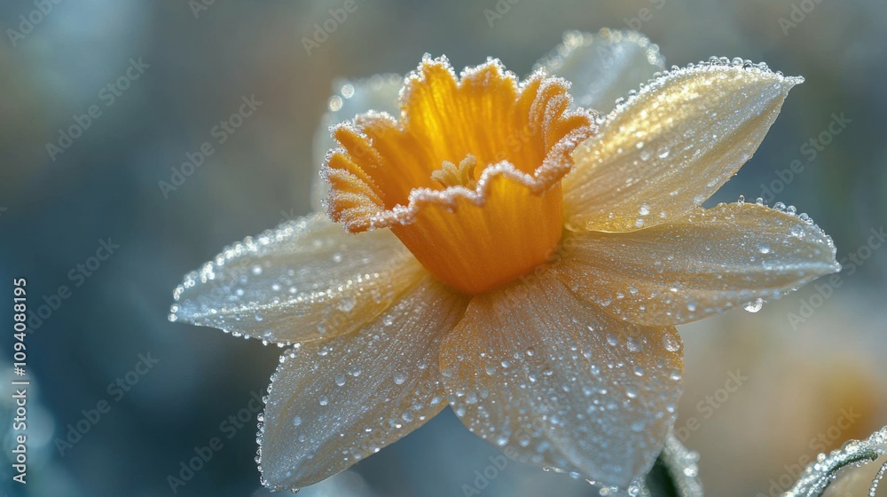 Fototapeta premium Extreme macro of a Daffodil bloom dusted with frost, its petals sparkling against a softly blurred, wintry background.