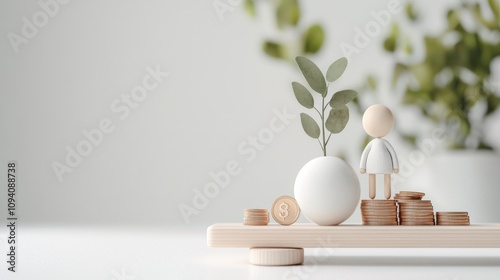 Balancing growth and wealth person with coins and plant minimalist workspace still life serene environment inspirational concept