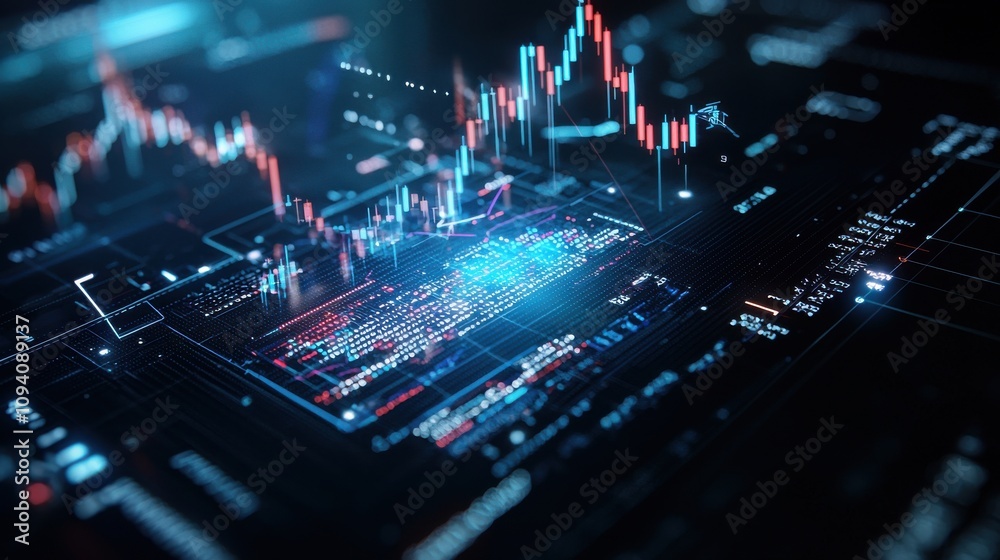 Analyzing market trends digital finance stock chart visualization tech environment aerial view data insights