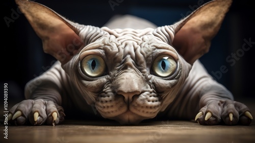 Unique Sphynx Cat Lying on Its Side Showing Off Its Distinctive Furless Physique and Bulging Wide Eyed Expression