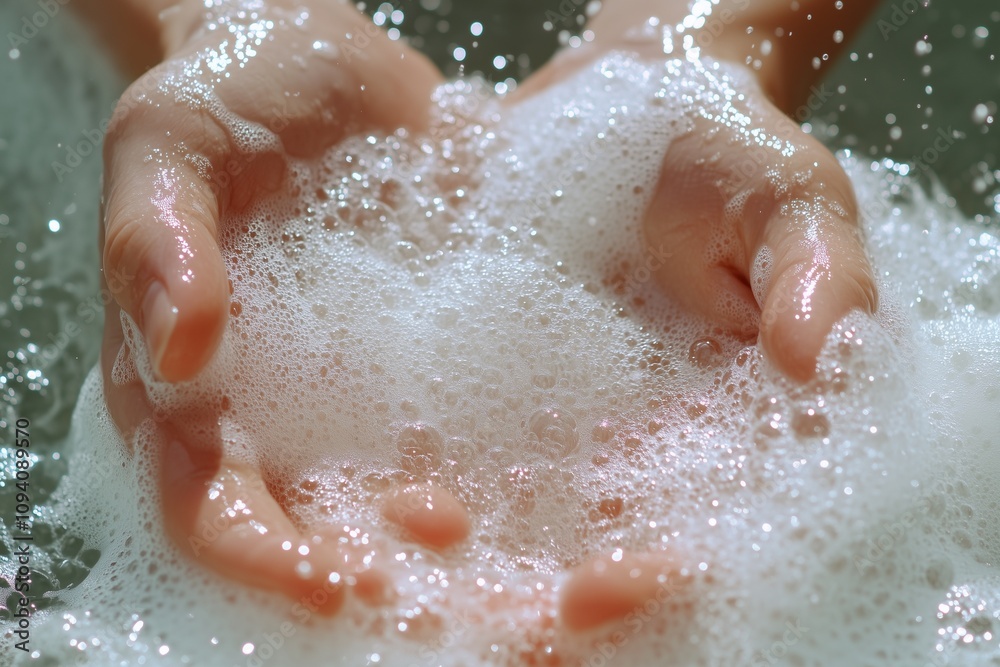 A close-up of hands cupping bubbly soap, illustrating cleanliness and the importance of washing. A close-up of hands cupping bubbly soap, illustrating cleanliness and the importance of washing.