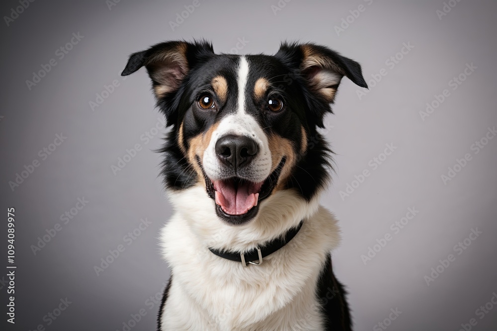 Friendly Black and White Dog Eagerly Facing the Camera in a Studio Background Friendly Black and White Dog Eagerly Facing the Camera in a Studio Background