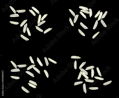 The top view is a rice splash fly isolated on a black background. raw grain texture, pile seed white. food healthy