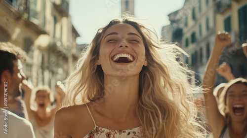 Amidst a bustling festival, a blonde-haired young woman wears bikini and smiles warmly, with the blurred crowd and lights heightening the lively atmosphere.