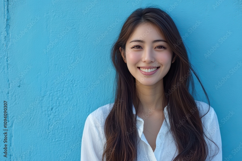 Beautiful Asian girl with long dark hair stands smiling warmly in front of a turquoise background. She is wearing a simple white shirt, exuding natural beauty and positivity. Beautiful Asian girl with long dark hair stands smiling warmly in front of a turquoise background. She is wearing a simple white shirt, exuding natural beauty and positivity.
