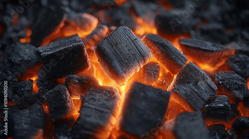 glowing embers and burning charcoal, highlighting the warmth, energy, and transformation of fire in a peaceful, controlled burn, symbolizing life, change, and renewal
