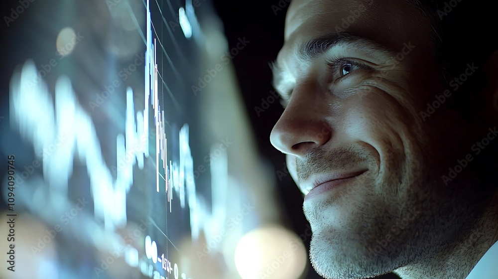 A focused individual smiles while observing financial data displayed on a screen, showcasing engagement and interest in market trends. A focused individual smiles while observing financial data displayed on a screen, showcasing engagement and interest in market trends.