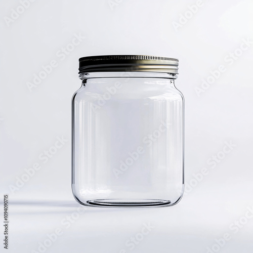 empty clear glass jar with gold lid isolated on white background