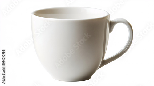 white ceramic mug with rounded handle on white background