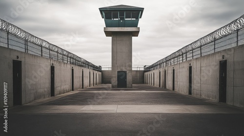 A crowded prison yard under watchful guard towers, Portraying the harsh reality of incarceration, photography style