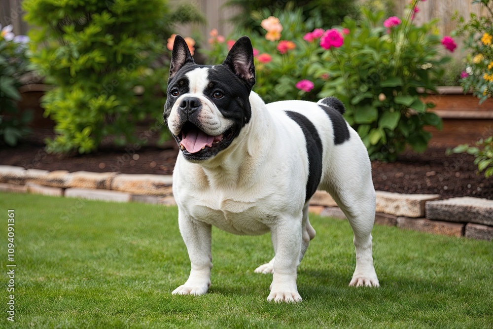 Playful Black and White Bulldog Joyfully Posing in a Lush Garden Playful Black and White Bulldog Joyfully Posing in a Lush Garden