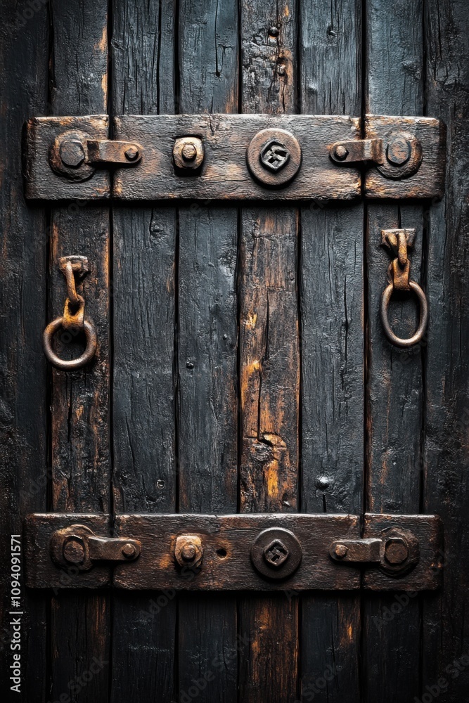 Antique wooden door with rustic iron handles and bolts, showcasing a weathered texture, perfect for vintage designs, historical themes, and architectural photography
Antique wooden door with rustic iron handles and bolts, showcasing a weathered texture, perfect for vintage designs, historical themes, and architectural photography