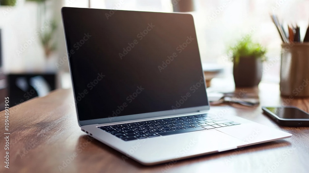 Fototapeta premium Laptop on wooden desk home office setup technology cozy environment close-up view productivity concept