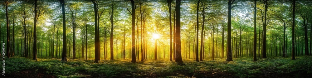Obraz premium Bright sunrise filtering through lush green trees in a serene forest, perfect for nature photography, eco-friendly designs, and scenic wallpapers