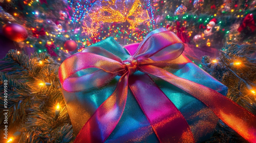 Festive gift wrapped in colorful ribbon holiday celebration photography cozy living room close-up christmas spirit Festive gift wrapped in colorful ribbon holiday celebration photography cozy living room close-up christmas spirit