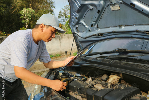 Professional car mechanic maintenance vehicle. The mechanic opens the front of the car. Checking the broken engine. Check the damage as listed. Repair car outside service.