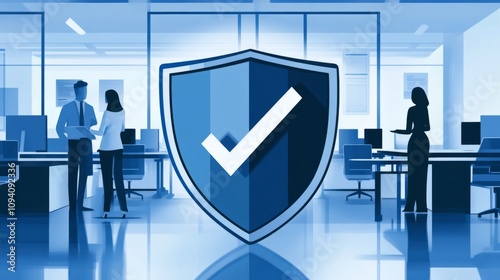 infographics of compliance shield with check mark, corporate blue and silver ...