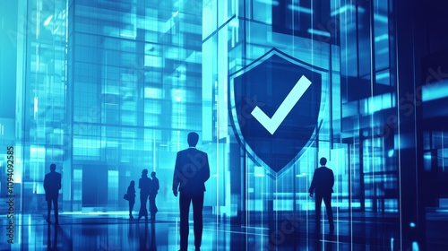 infographics of compliance shield with check mark, corporate blue and silver ...