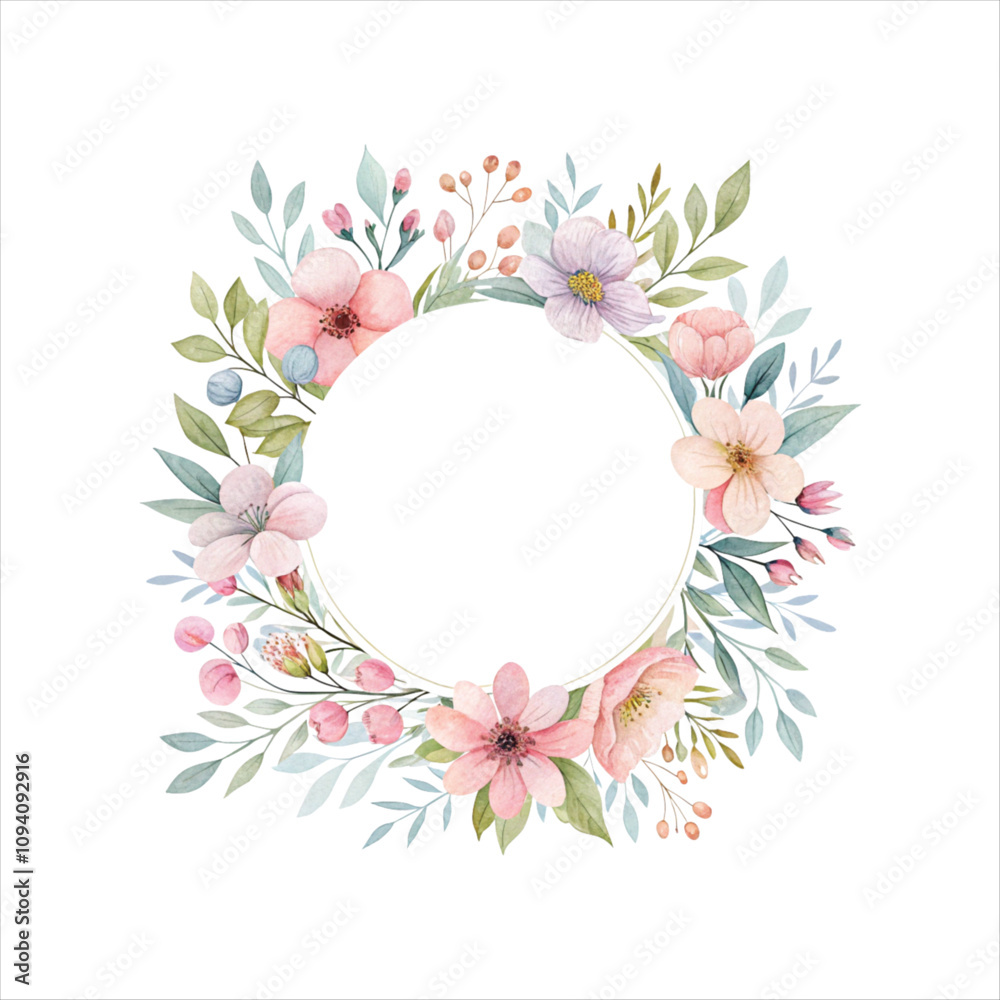 Fototapeta premium watercolor floral wreath with white circle for pro