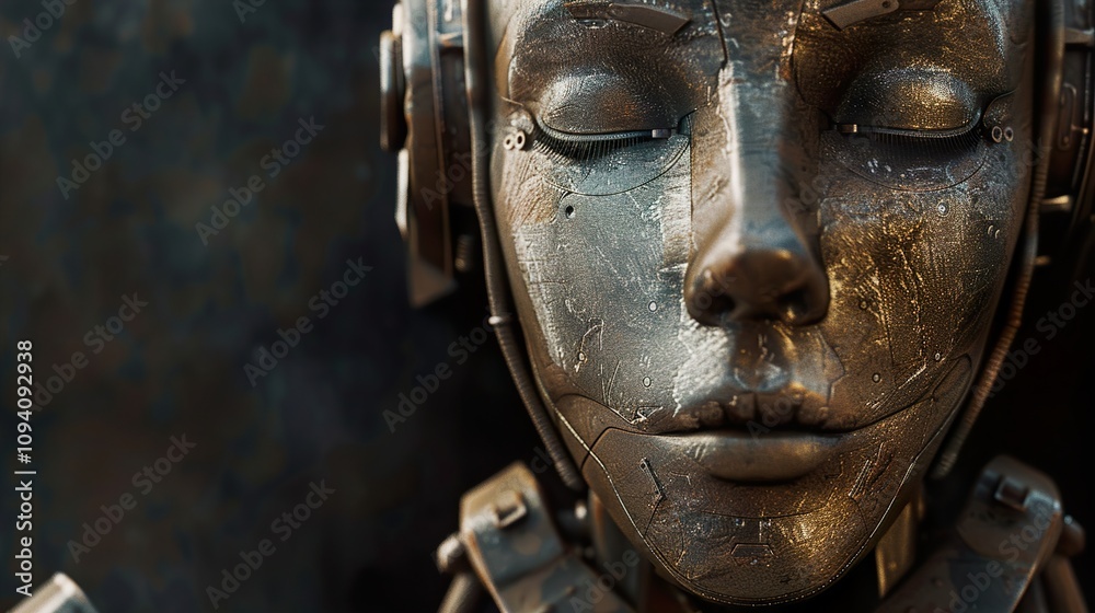 Close-up of a Futuristic Metal Robot with Eyes Closed Close-up of a Futuristic Metal Robot with Eyes Closed