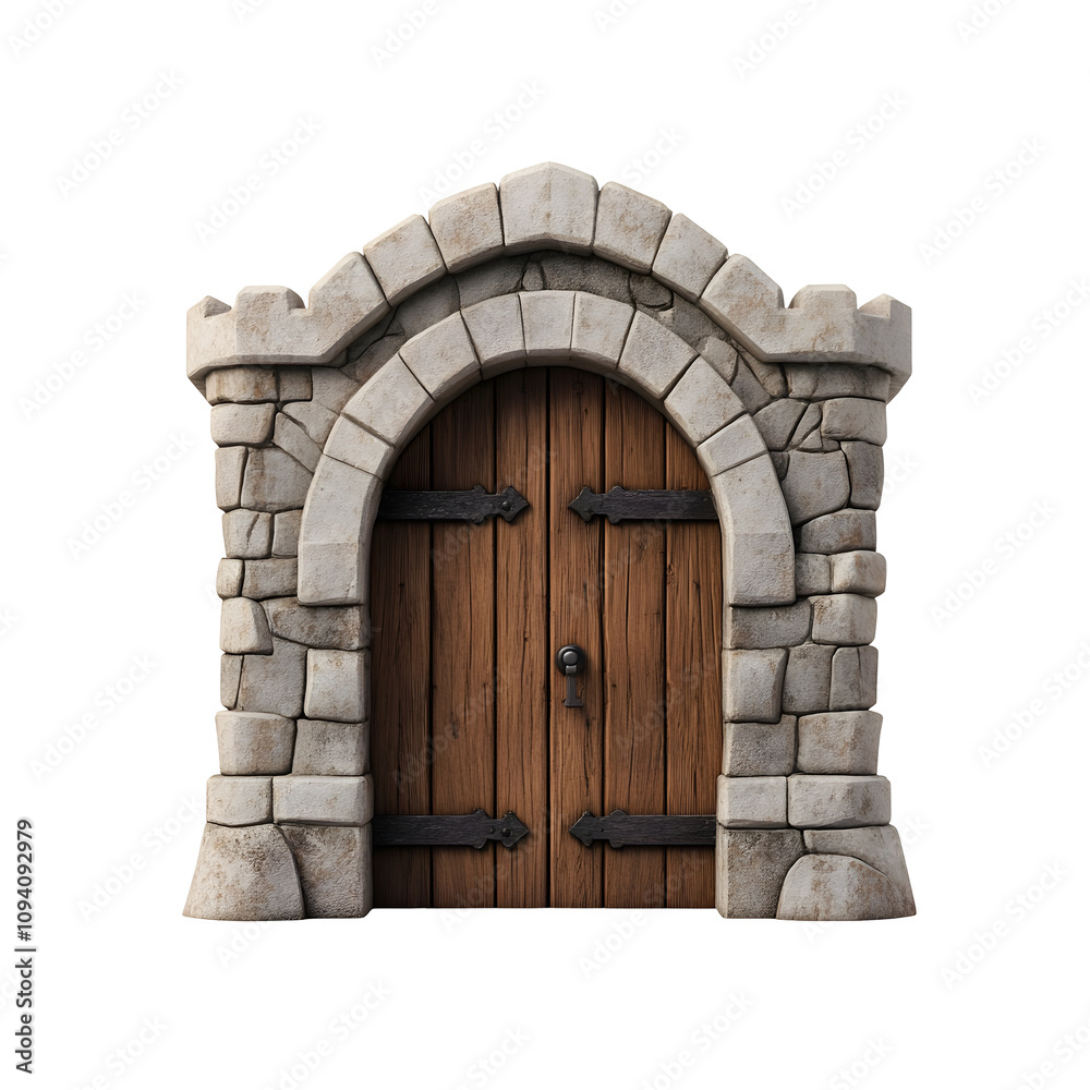 Fototapeta premium detailed castle gate with wooden door and stone archway, showcasing medieval architecture and craftsmanship. sturdy design evokes sense of history and strength