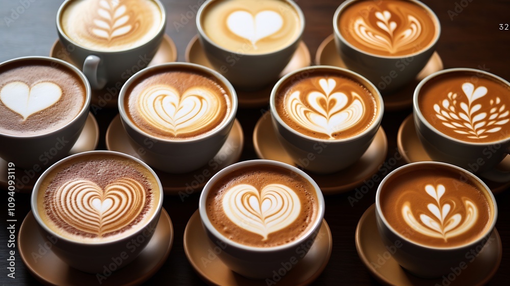 Creamy Latte Art with Multiple Heart Shaped Designs in Cups Creamy Latte Art with Multiple Heart Shaped Designs in Cups