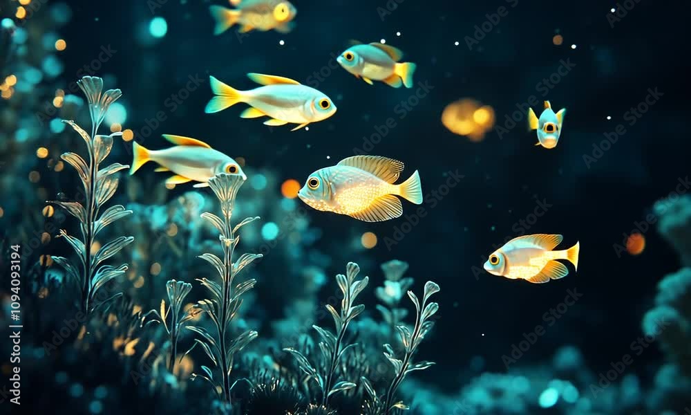 Glowing fish swim amidst aquatic plants in a dark blue underwater scene.