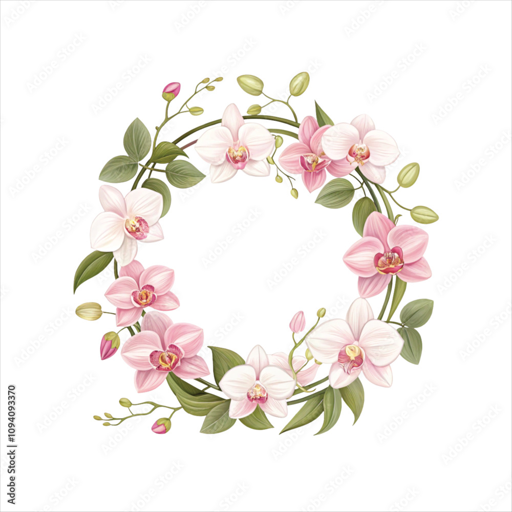 Fototapeta premium pink and white orchid wreath clipart illustration