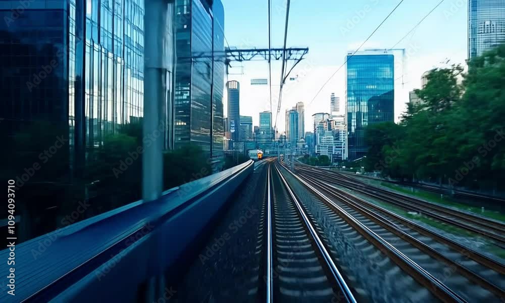 A train moves through a modern cityscape with skyscrapers and railway tracks.