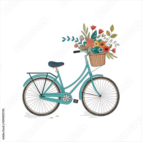 vintage turquoise bicycle with floral basket clipart