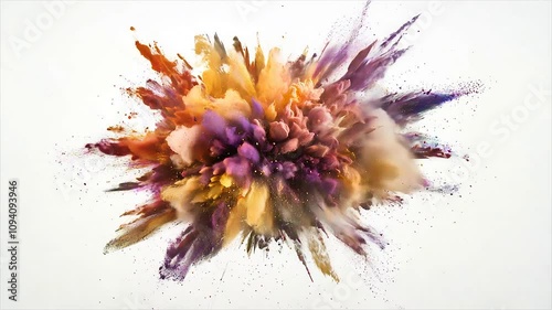 Paint explosion, colourful burst, multi-coloured powder. Abstract footage for video against a clean white background
