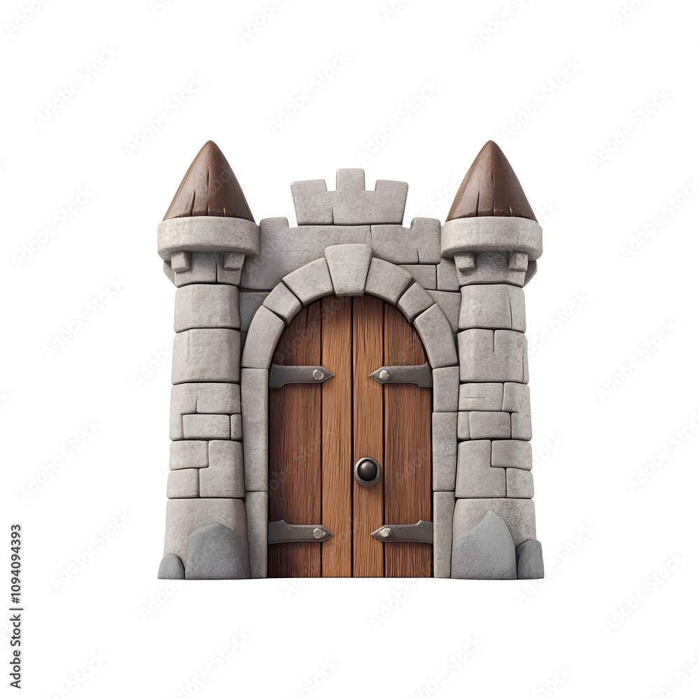 Fototapeta premium whimsical castle gate with stone walls and wooden door, featuring turreted towers. Perfect for fantasy themes and children illustrations