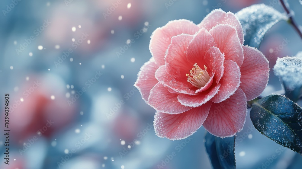 Camellia blooming on a branch covered in frost, with snowflakes creating a soft, magical atmosphere in a blurred winter sky. Camellia blooming on a branch covered in frost, with snowflakes creating a soft, magical atmosphere in a blurred winter sky.