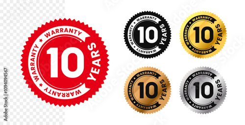 10 years warranty in circle. Ten years warranty with circular text. Red, black, gold, silver, bronze premium color. For sticker, label, badge, icon, sign, emblem, stamp, logo, seal, symbol. Vector
