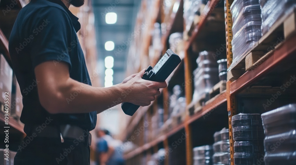 Close up of warehouse staff checking stock with a barcode scanner. Ai generated image
