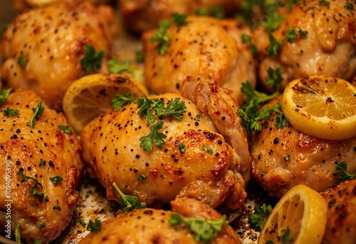 Lemon herb roasted chicken thighs with parsley garnish